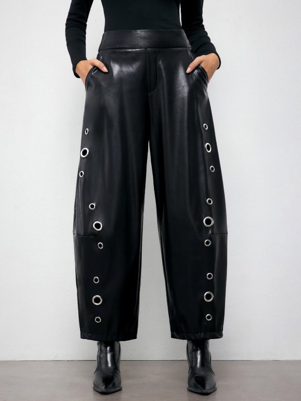 Black Preppy Women's Faux Leather Grommet Eyelet Tapered Long Pants